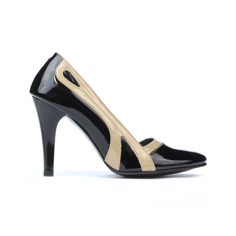 Damen elegante Schuhe 1208 Lack schwarz+beige