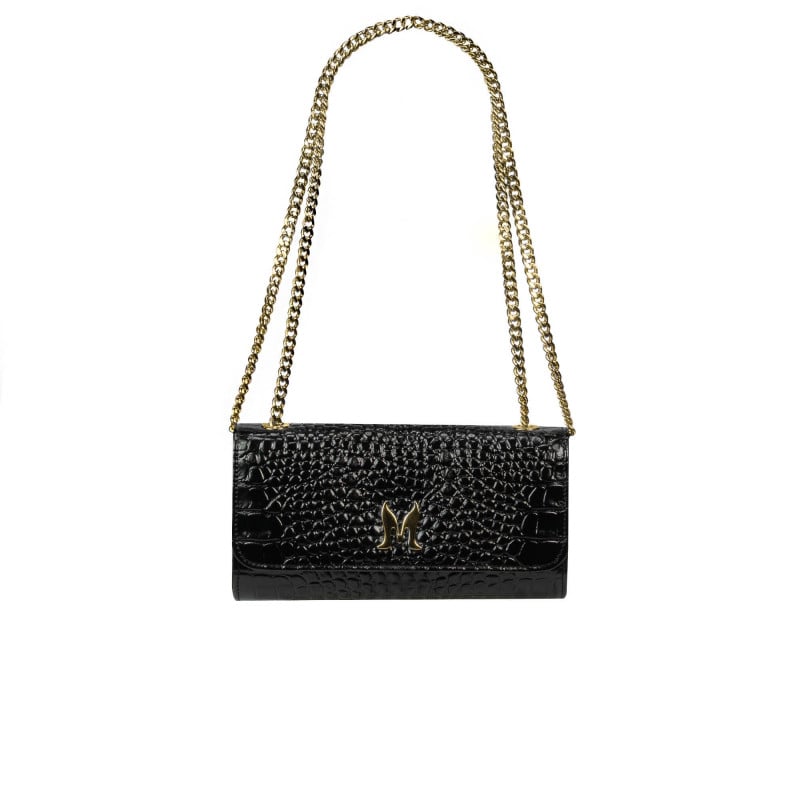 Schwarze Lack-Kroko-Umhängetasche für Damen 012g