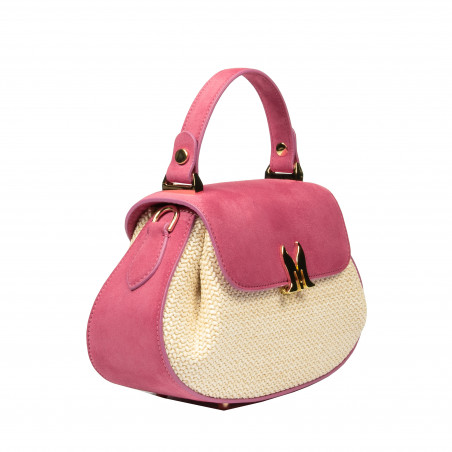 Damentasche Handtasche 042g Rosafarbenes Wildleder+Raffia