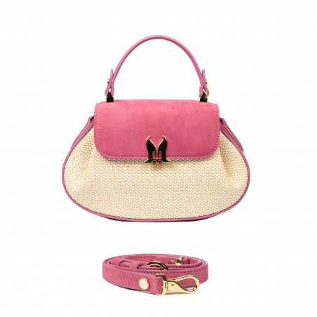 Damentasche Handtasche 042g Rosafarbenes Wildleder+Raffia